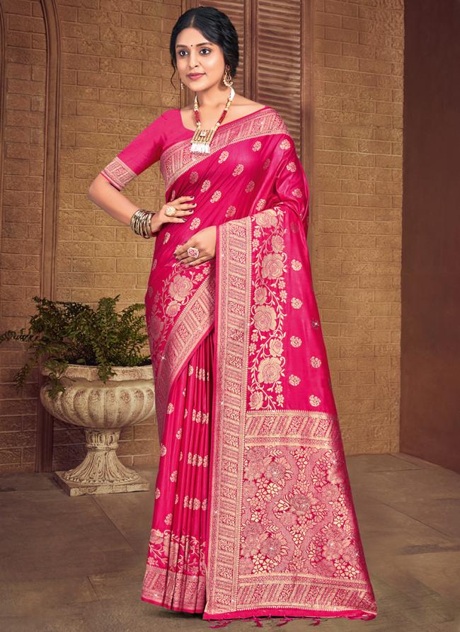 Silk Pink Wedding Wear Zari Work Saree